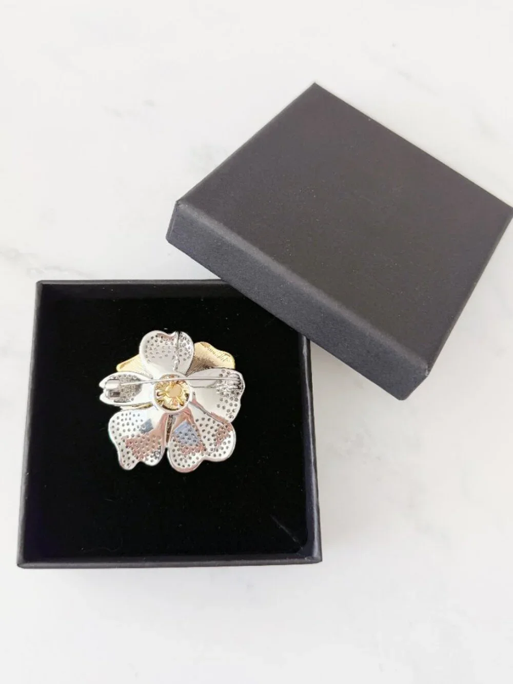 Pink & Purple Rhinestone Flower Brooch Pin with Pearl-Style Center, Silver Tone